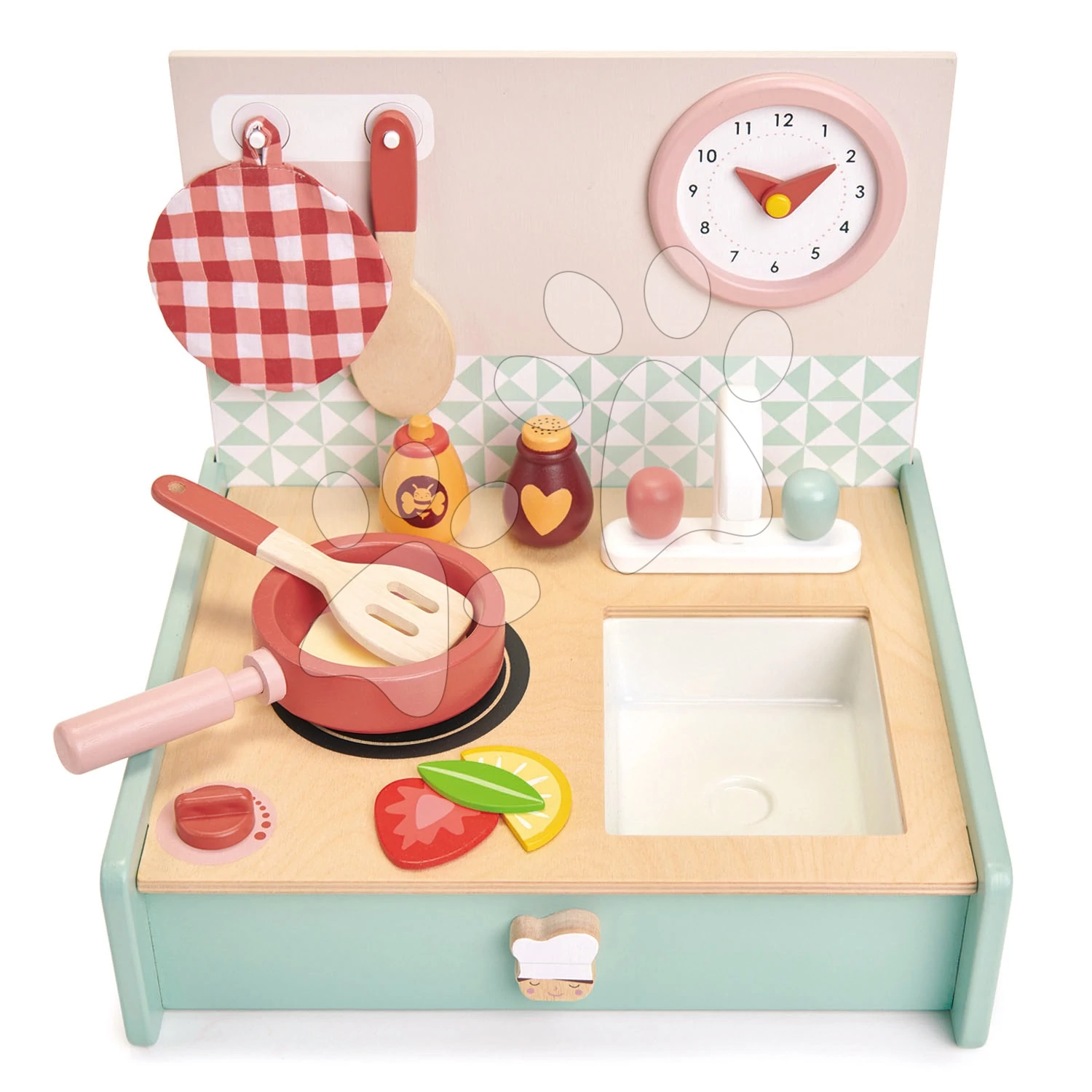 Fa játékkonyha dobozban Kitchenette Tender Leaf Toys órával palacsintasütővel és élelmiszerekkel